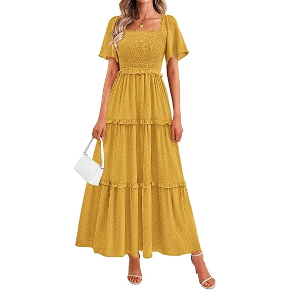 PRETTYGARDEN Summer Dresses for Women Boho Swiss Dot Smocked Square Neck Short Sleeve Spring Wedding Guest Maxi Dress
