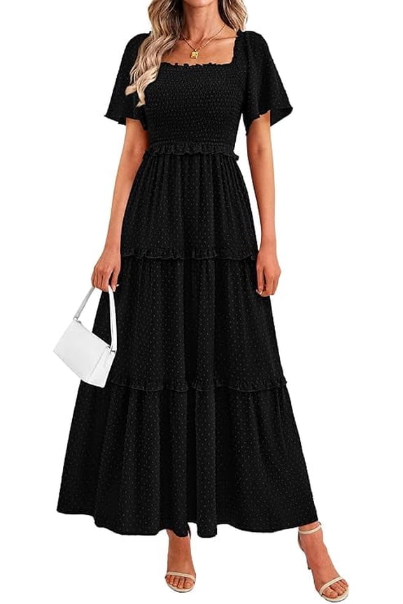 Summer Dresses for Women Boho Swiss Dot Smocked Square Neck Short Sleeve Spring Wedding Guest Maxi Dress
