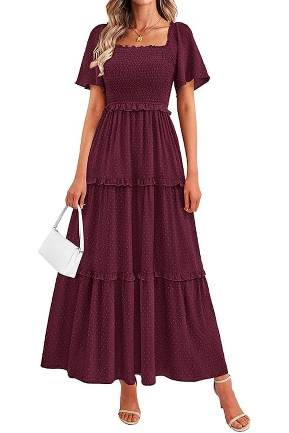 Summer Dresses for Women Boho Swiss Dot Smocked Square Neck Short Sleeve Spring Wedding Guest Maxi Dress