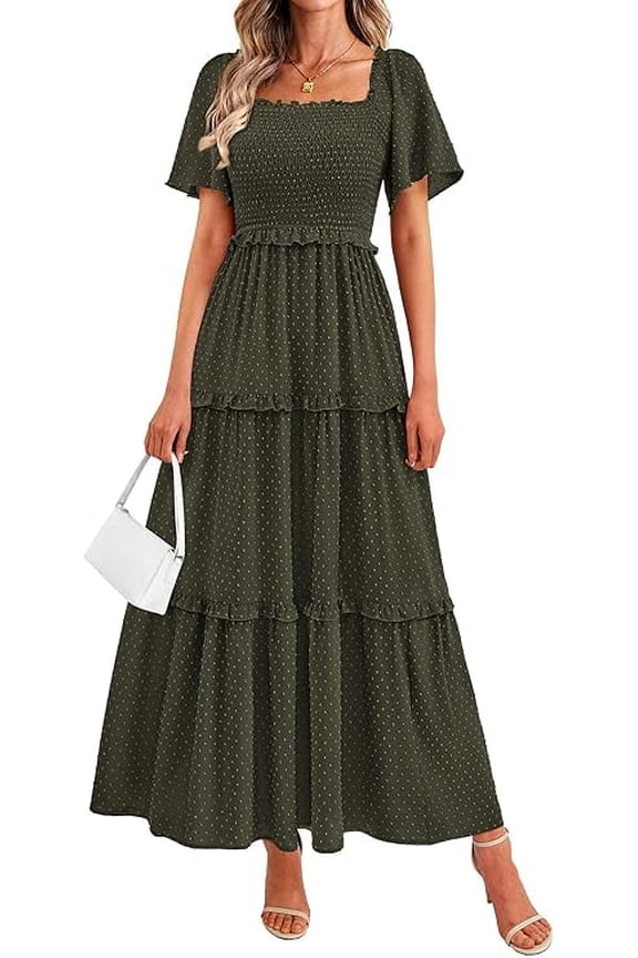 Summer Dresses for Women Boho Swiss Dot Smocked Square Neck Short Sleeve Spring Wedding Guest Maxi Dress