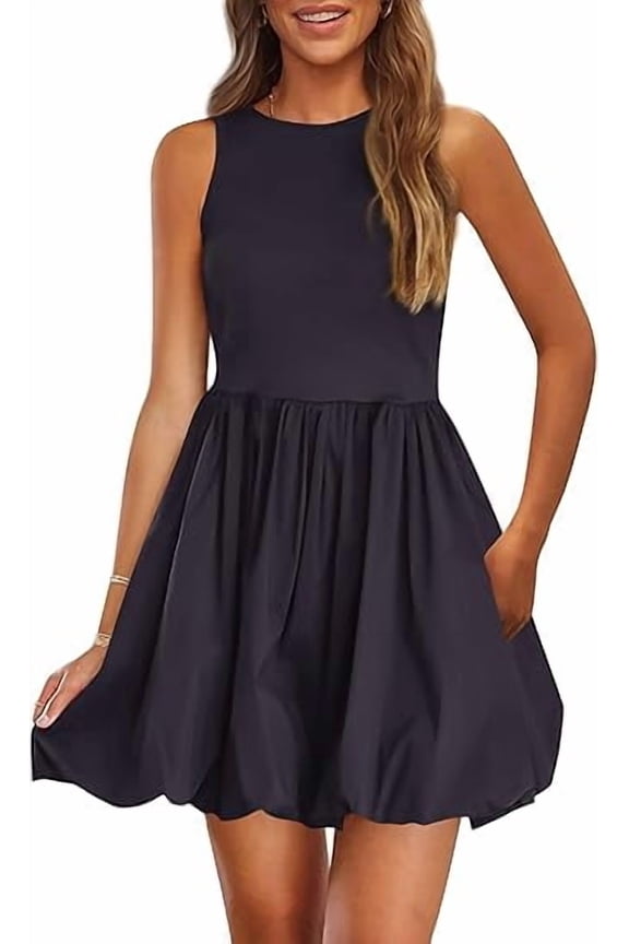 Summer Dresses for Women Casual Mini Short Cocktail Dress Sleeveless Tank Crew Neck Bubble Sundress Pockets