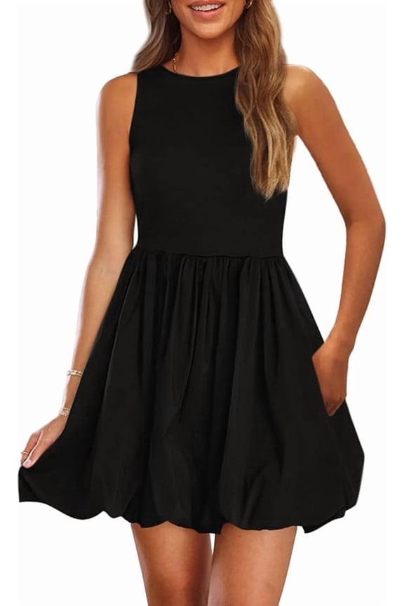 Summer Dresses for Women Casual Mini Short Cocktail Dress Sleeveless Tank Crew Neck Bubble Sundress Pockets