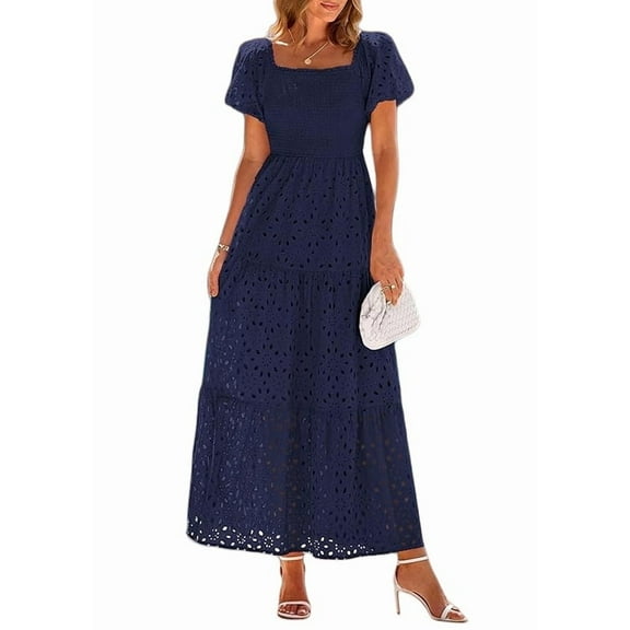 PRETTYGARDEN Summer Dresses for Women Eyelet Square Neck Puff Sleeve Smocked Wedding Guest Maxi Dress with Pockets