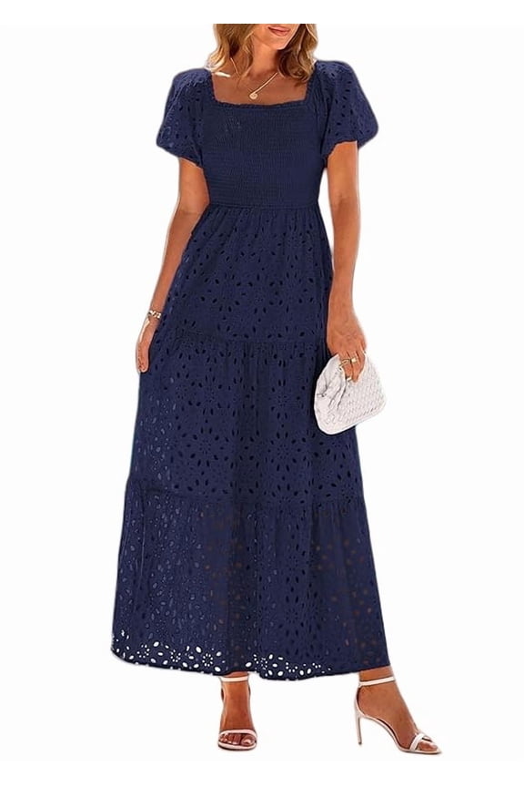 Summer Dresses for Women Eyelet Square Neck Puff Sleeve Smocked Wedding Guest Maxi Dress with Pockets