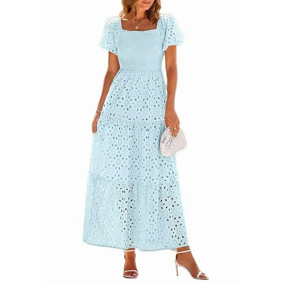 PRETTYGARDEN Summer Dresses for Women Eyelet Square Neck Puff Sleeve Smocked Wedding Guest Maxi Dress with Pockets
