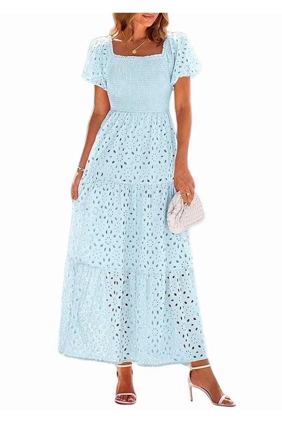Summer Dresses for Women Eyelet Square Neck Puff Sleeve Smocked Wedding Guest Maxi Dress with Pockets