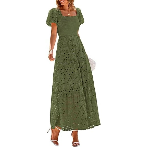 PRETTYGARDEN Summer Dresses for Women Eyelet Square Neck Puff Sleeve Smocked Wedding Guest Maxi Dress with Pockets