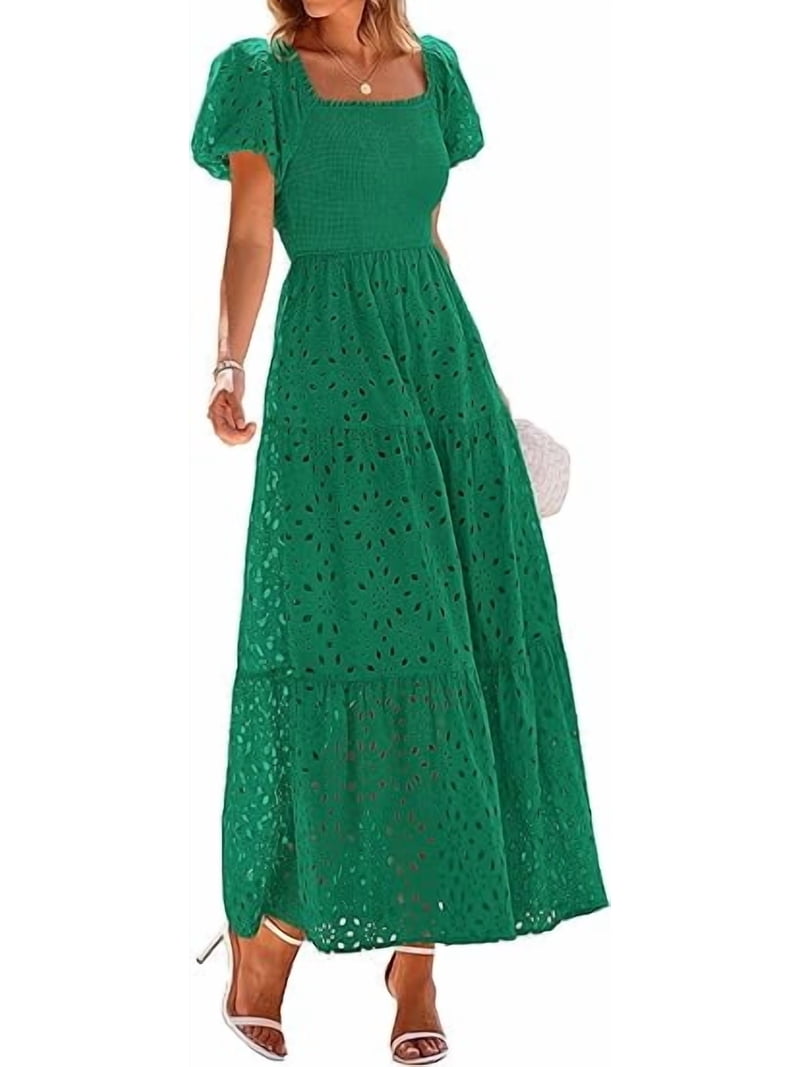 PRETTYGARDEN Summer Dresses for Women Eyelet Square Neck Puff Sleeve  Smocked Wedding Guest Maxi Dress with Pockets - Walmart.com