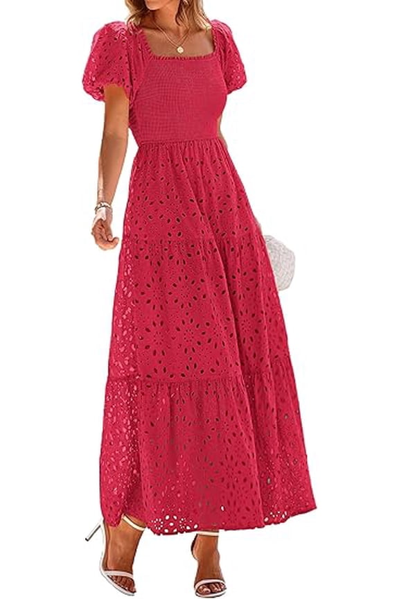Summer Dresses for Women Eyelet Square Neck Puff Sleeve Smocked Wedding Guest Maxi Dress with Pockets