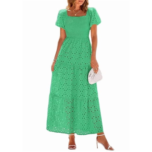 PRETTYGARDEN Summer Dresses for Women Eyelet Square Neck Puff Sleeve Smocked Wedding Guest Maxi Dress with Pockets