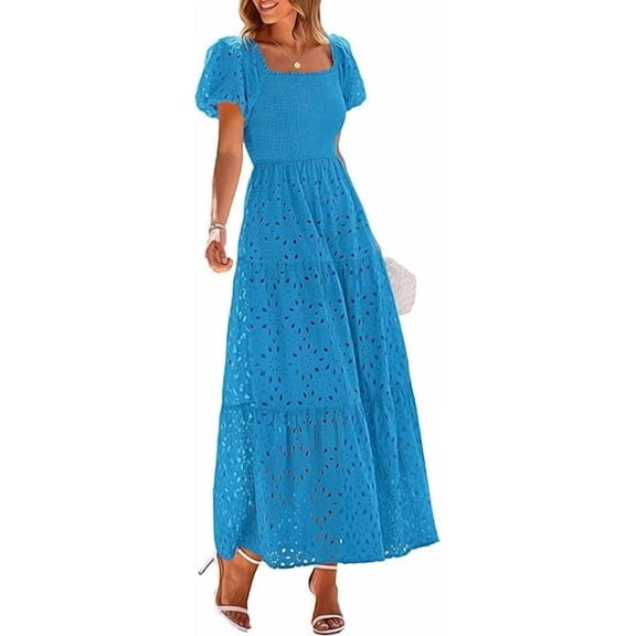 PRETTYGARDEN Summer Dresses for Women Eyelet Square Neck Puff Sleeve Smocked Wedding Guest Maxi Dress with Pockets