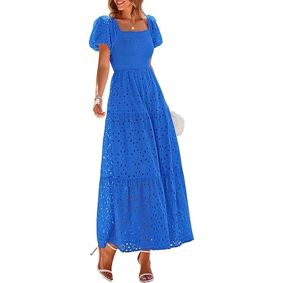 PRETTYGARDEN Summer Dresses for Women Eyelet Square Neck Puff Sleeve Smocked Wedding Guest Maxi Dress with Pockets
