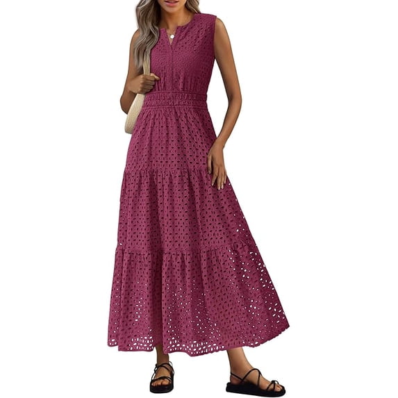 PRETTYGARDEN Summer Dresses for Women Sundresses Sleeveless V Neck Eyelet A Line Flowy Beach Vacation Spring Maxi Dress