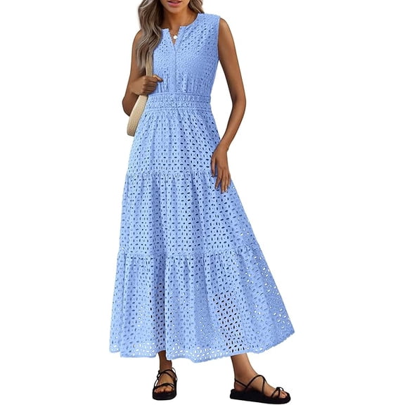 PRETTYGARDEN Summer Dresses for Women Sundresses Sleeveless V Neck Eyelet A Line Flowy Beach Vacation Spring Maxi Dress