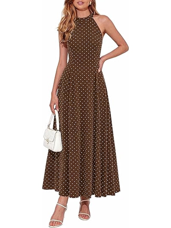 Summer Halter Dresses for Women Vacation Outfits Sleeveless Polka Dot Sundress Wedding Guest Maxi Dress