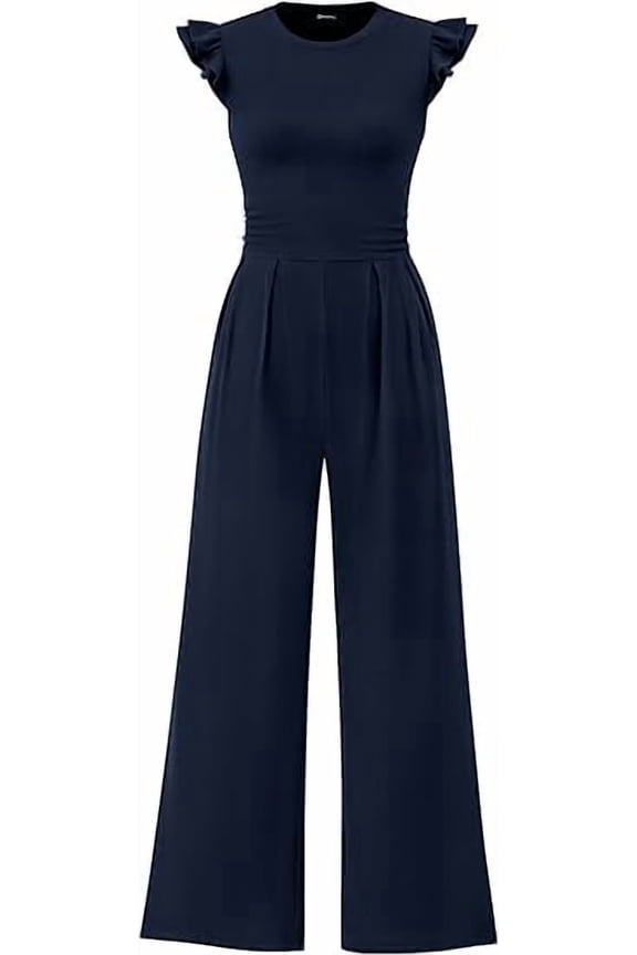 Summer Jumpsuits for Women Dressy Casual Ruffle Cap Sleeves Romper Crew Neck Rib Knit One Piece Outfits