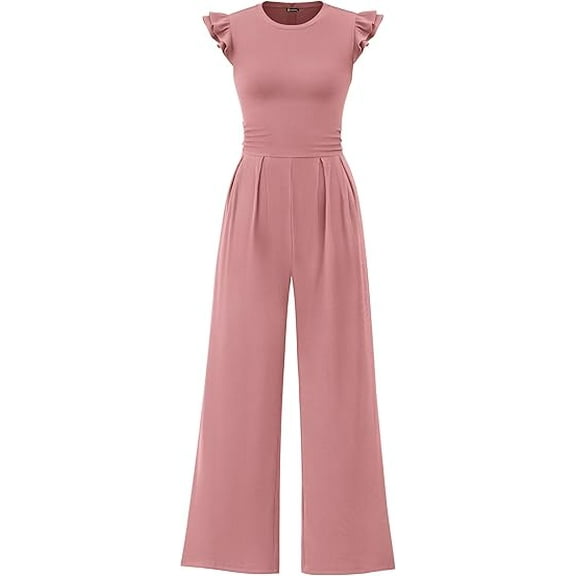 PRETTYGARDEN Summer Jumpsuits for Women Dressy Casual Ruffle Cap Sleeves Romper Crew Neck Rib Knit One Piece Outfits