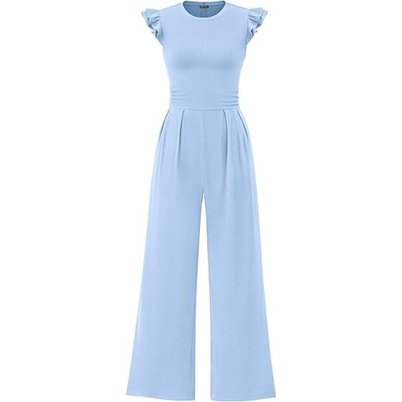 PRETTYGARDEN Summer Jumpsuits for Women Dressy Casual Ruffle Cap Sleeves Romper Crew Neck Rib Knit One Piece Outfits