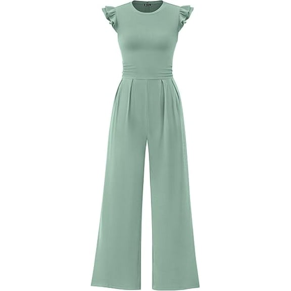 PRETTYGARDEN Summer Jumpsuits for Women Dressy Casual Ruffle Cap Sleeves Romper Crew Neck Rib Knit One Piece Outfits