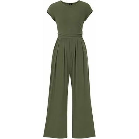 PRETTYGARDEN Summer Jumpsuits for Women Dressy Ribbed Cap Sleeve Wide Leg Pants Rompers Elegant Casual One Piece Outfits