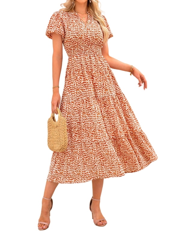 Summer Maxi Dress for Women Casual Wear To Work V Neck Puff Short Sleeve Smocked Ruffle Flowy Beach Boho Long Floral Dress