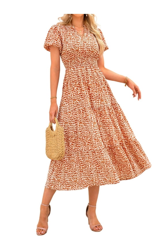 Summer Maxi Dress for Women Casual Wear To Work V Neck Puff Short Sleeve Smocked Ruffle Flowy Beach Boho Long Floral Dress