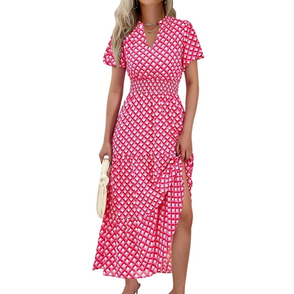 PRETTYGARDEN Summer Maxi Dress for Women Casual Wear To Work V Neck Puff Short Sleeve Smocked Ruffle Flowy Beach Boho Long Floral Dress