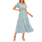 PRETTYGARDEN Summer Maxi Dress for Women Casual Wear To Work V Neck Puff Short Sleeve Smocked Ruffle Flowy Beach Boho Long Floral Dress