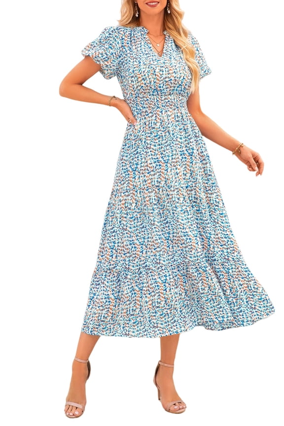Summer Maxi Dress for Women Casual Wear To Work V Neck Puff Short Sleeve Smocked Ruffle Flowy Beach Boho Long Floral Dress