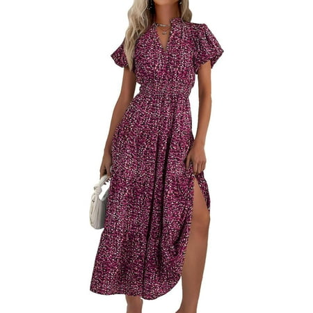PRETTYGARDEN Summer Maxi Dress for Women Casual Wear To Work V Neck Puff Short Sleeve Smocked Ruffle Flowy Beach Boho Long Floral Dress