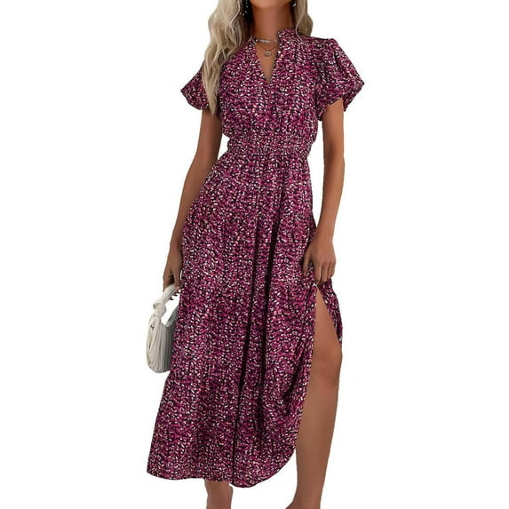 PRETTYGARDEN Summer Maxi Dress for Women Casual Wear To Work V Neck Puff Short Sleeve Smocked Ruffle Flowy Beach Boho Long Floral Dress