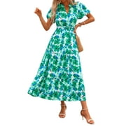 PRETTYGARDEN Summer Maxi Dress for Women Casual Wear To Work V Neck Puff Short Sleeve Smocked Ruffle Flowy Beach Boho Long Floral Dress