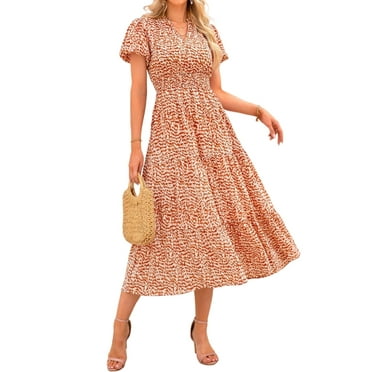 PRETTYGARDEN Summer Maxi Dress for Women Casual Wear To Work V Neck Puff Short Sleeve Smocked Ruffle Flowy Beach Boho Long Floral Dress