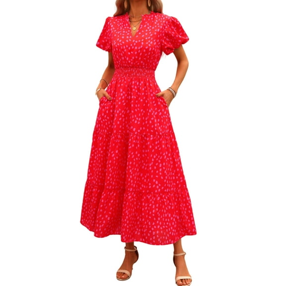 PRETTYGARDEN Summer Maxi Dress for Women Casual Wear To Work V Neck Puff Short Sleeve Smocked Ruffle Flowy Beach Boho Long Floral Dress