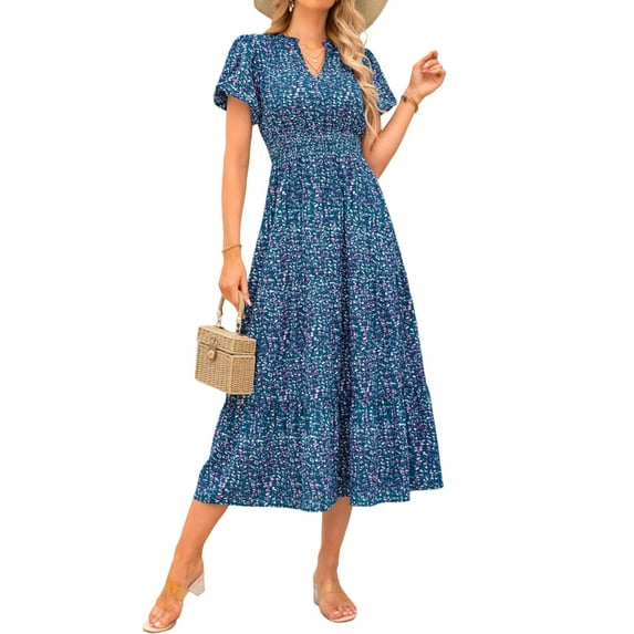 PRETTYGARDEN Summer Maxi Dress for Women Casual Wear To Work V Neck Puff Short Sleeve Smocked Ruffle Flowy Beach Boho Long Floral Dress