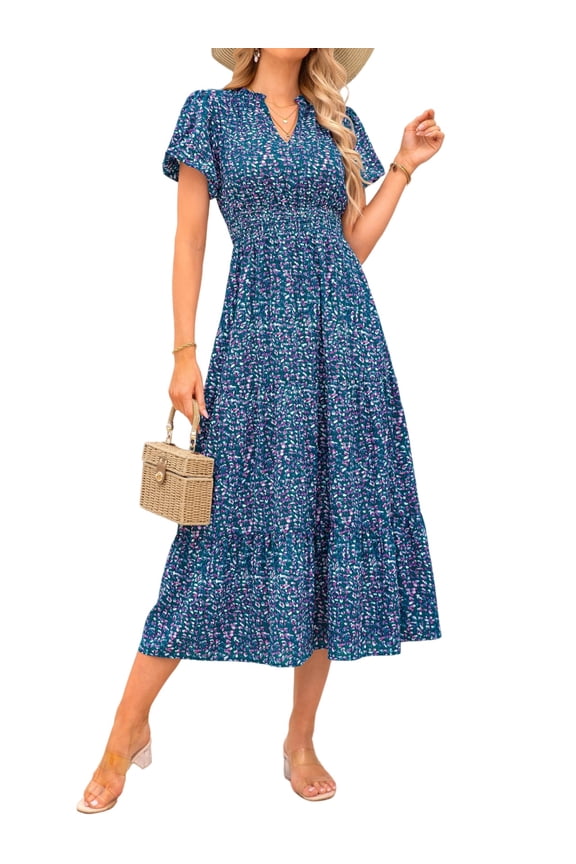 Summer Maxi Dress for Women Casual Wear To Work V Neck Puff Short Sleeve Smocked Ruffle Flowy Beach Boho Long Floral Dress