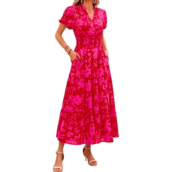 PRETTYGARDEN Summer Maxi Dress for Women Casual Wear To Work V Neck Puff Short Sleeve Smocked Ruffle Flowy Beach Boho Long Floral Dress