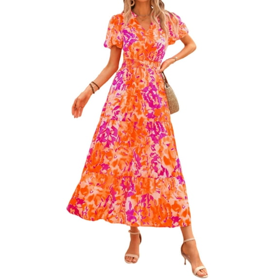 PRETTYGARDEN Summer Maxi Dress for Women Casual Wear To Work V Neck Puff Short Sleeve Smocked Ruffle Flowy Beach Boho Long Floral Dress