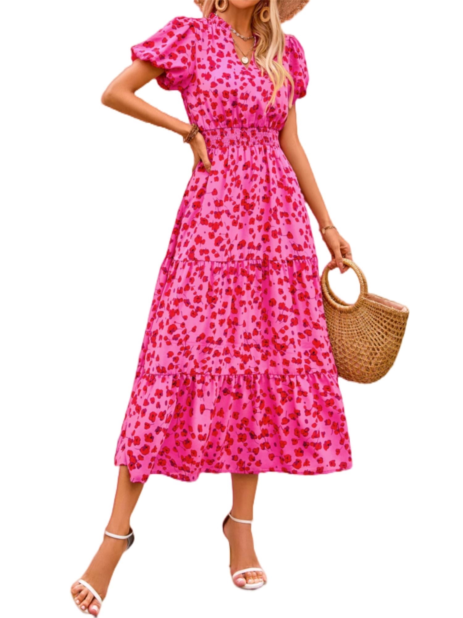 Lovely Summer Unique Color-Block Fruit Stripe Print Smocked Waist Maxi Dress