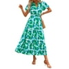 PRETTYGARDEN Summer Maxi Dress for Women Casual Wear To Work V Neck Puff Short Sleeve Smocked Ruffle Flowy Beach Boho Long Floral Dress