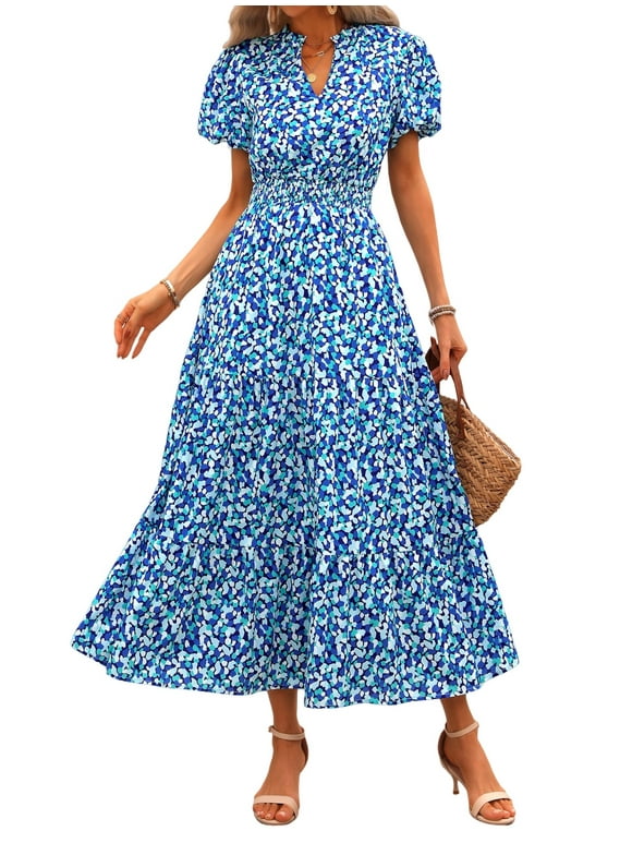 Summer Maxi Dress for Women Casual Wear To Work V Neck Puff Short Sleeve Smocked Ruffle Flowy Beach Boho Long Floral Dress