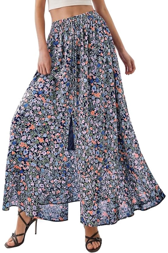Summer Maxi Long Skirts for Women Trendy Boho Floral High Waisted Slit Flowy Travel Beach Vacation Clothes