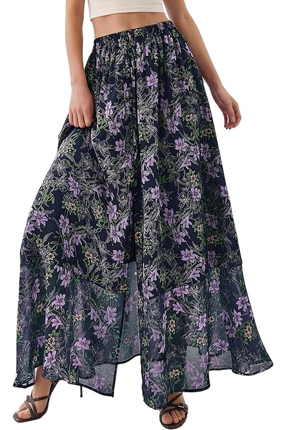 Summer Maxi Long Skirts for Women Trendy Boho Floral High Waisted Slit Flowy Travel Beach Vacation Clothes