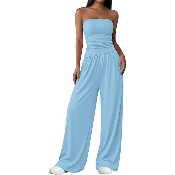 PRETTYGARDEN Summer Sets Women 2 Piece Outfits Asymmetrical Tube Tops and Pants Beach Vacation Airport Matching Lounge Set