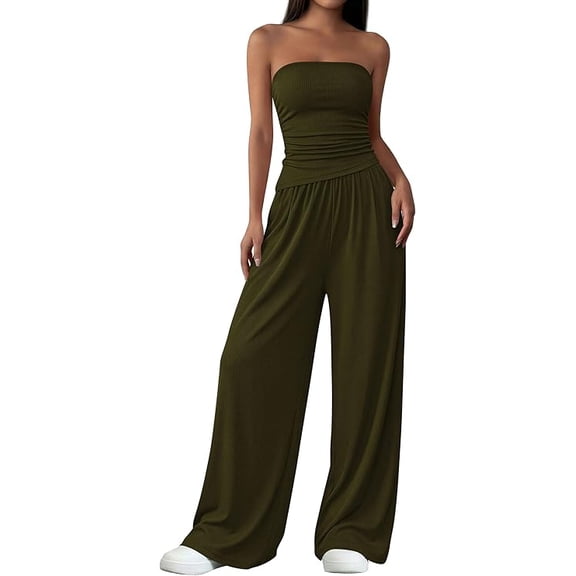 PRETTYGARDEN Summer Sets Women 2 Piece Outfits Asymmetrical Tube Tops and Pants Beach Vacation Airport Matching Lounge Set