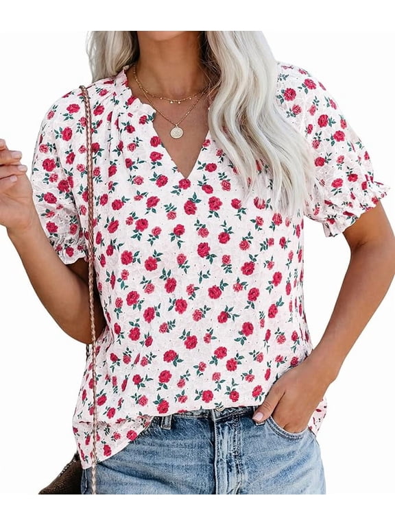Summer Short Sleeve V Neck Shirts for Women Trendy Floral Print Loose Ruffle Tops Business Casual Blouses