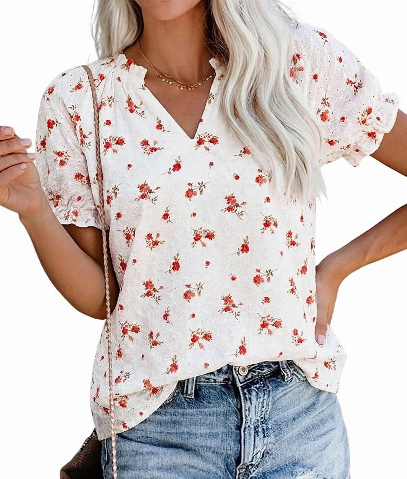 PRETTYGARDEN Summer Short Sleeve V Neck Shirts for Women Trendy Floral ...