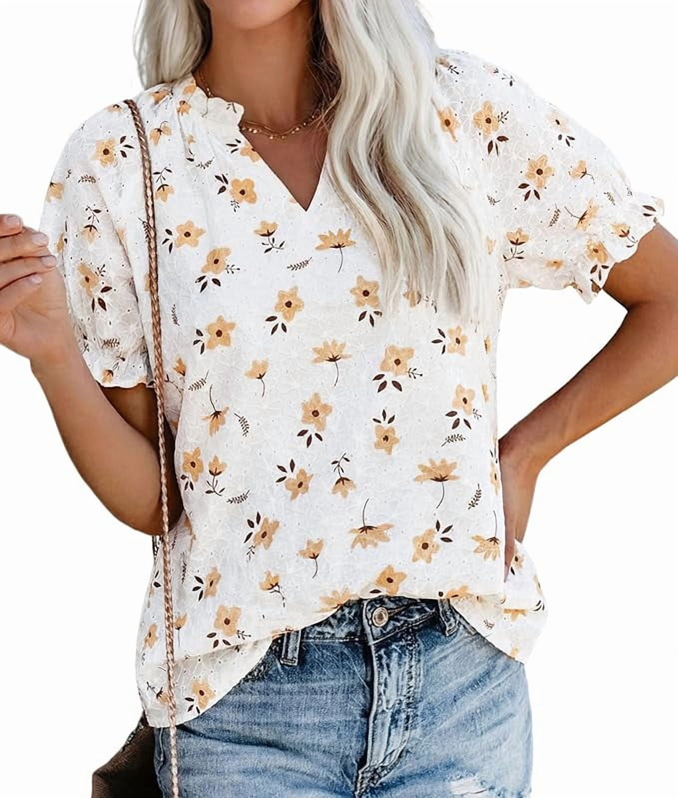 PRETTYGARDEN Summer Short Sleeve V Neck Shirts for Women Trendy Floral ...