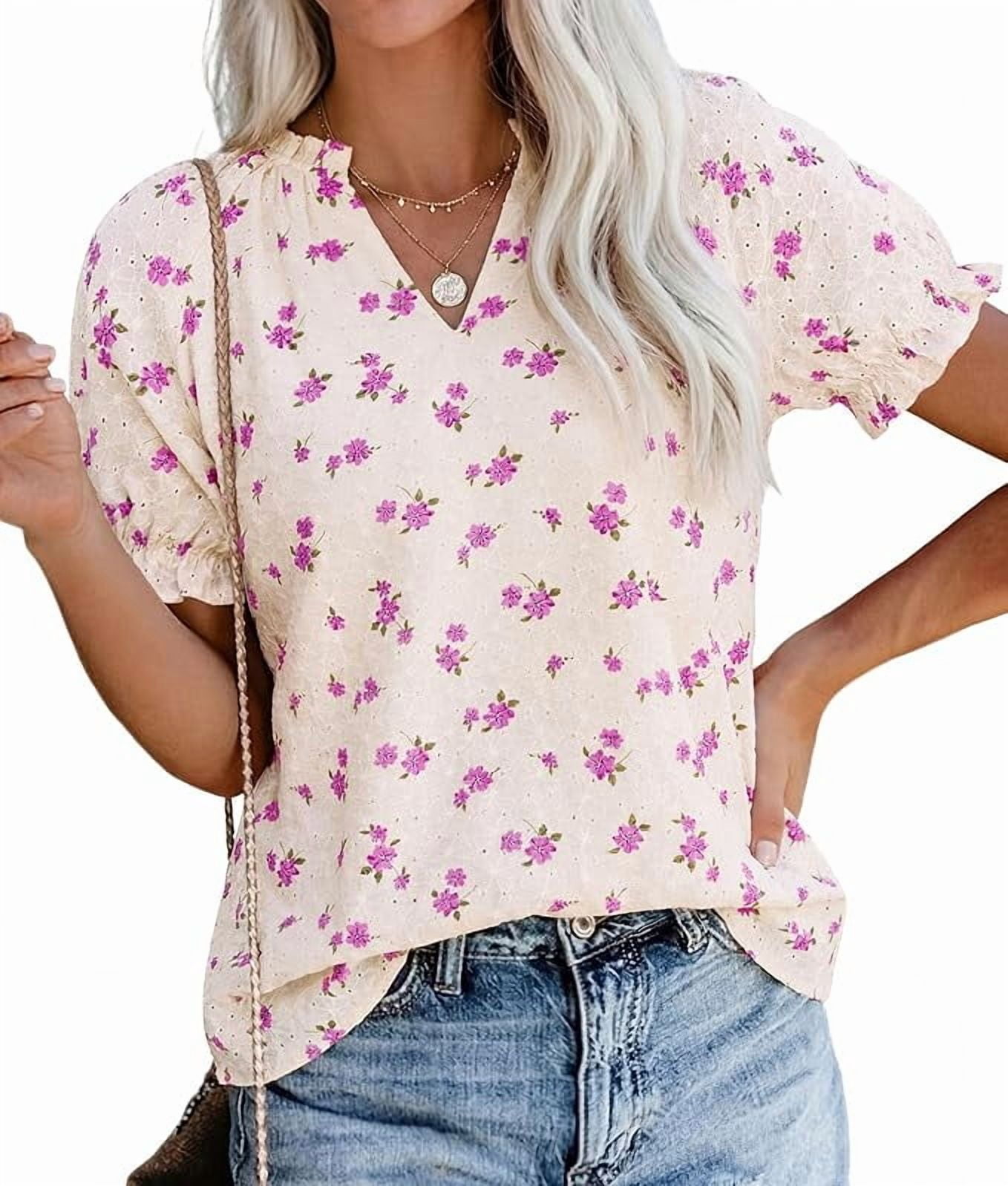 PRETTYGARDEN Summer Short Sleeve V Neck Shirts for Women Trendy Floral ...