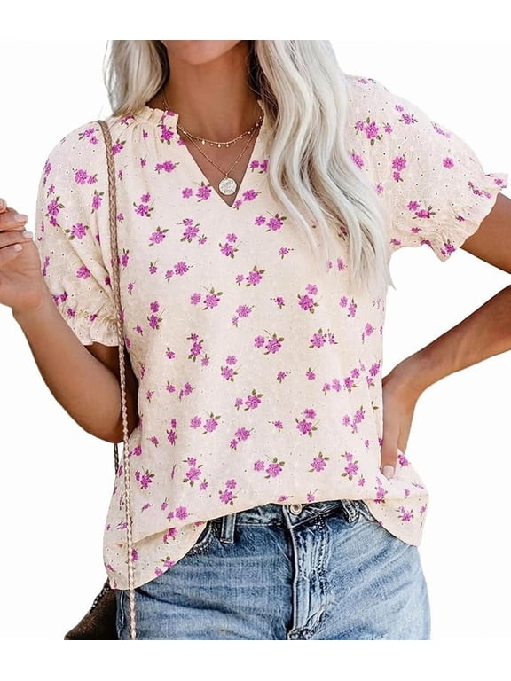 Summer Short Sleeve V Neck Shirts for Women Trendy Floral Print Loose Ruffle Tops Business Casual Blouses